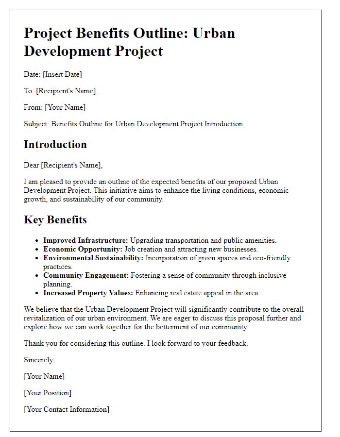 Letter template of project benefits outline for urban development project introduction