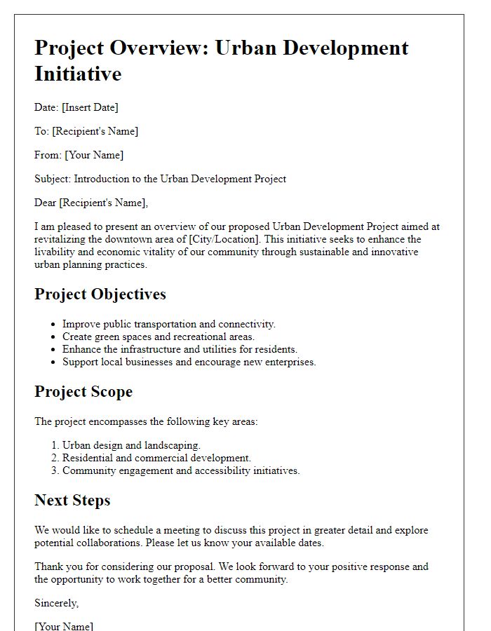 Letter template of project overview for urban development project introduction