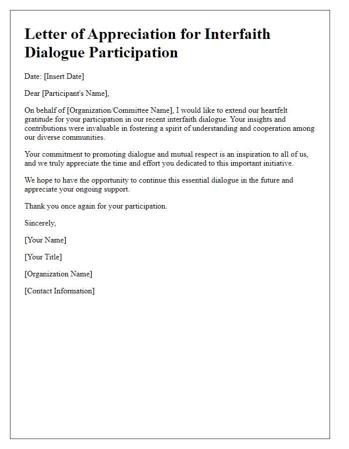 Letter template of interfaith dialogue participant appreciation