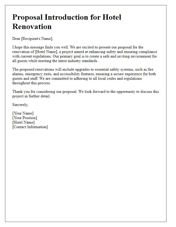 Letter template of hotel renovation proposal introduction aimed at safety and compliance.