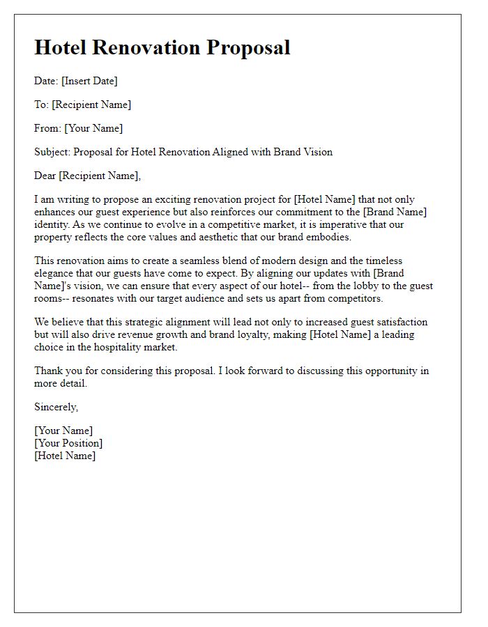 Letter template of hotel renovation proposal introduction emphasizing brand alignment.