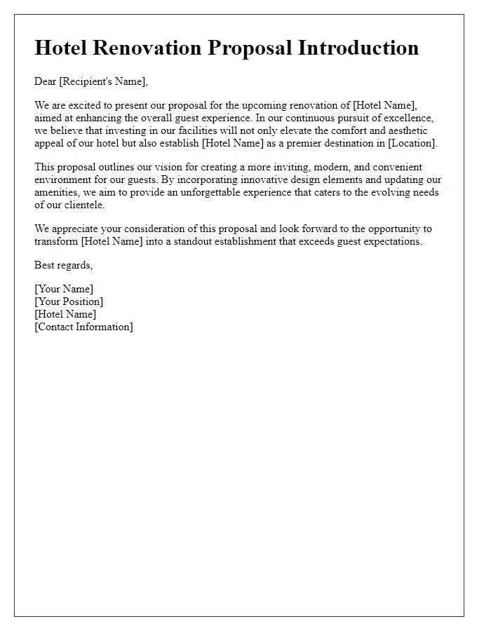 Letter template of hotel renovation proposal introduction for enhancing guest experience.