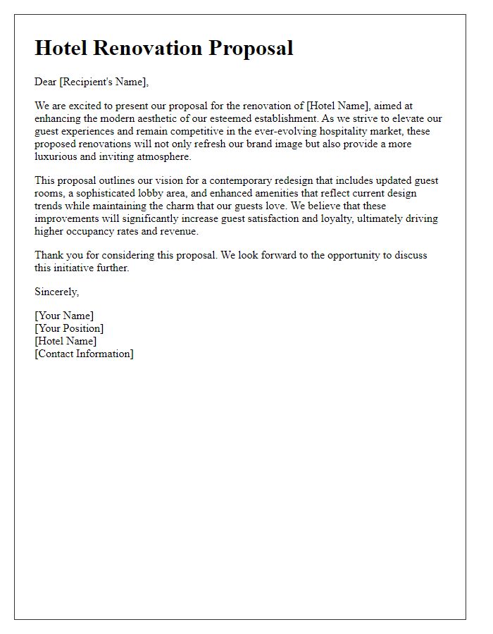 Letter template of hotel renovation proposal introduction for modern aesthetic improvements.