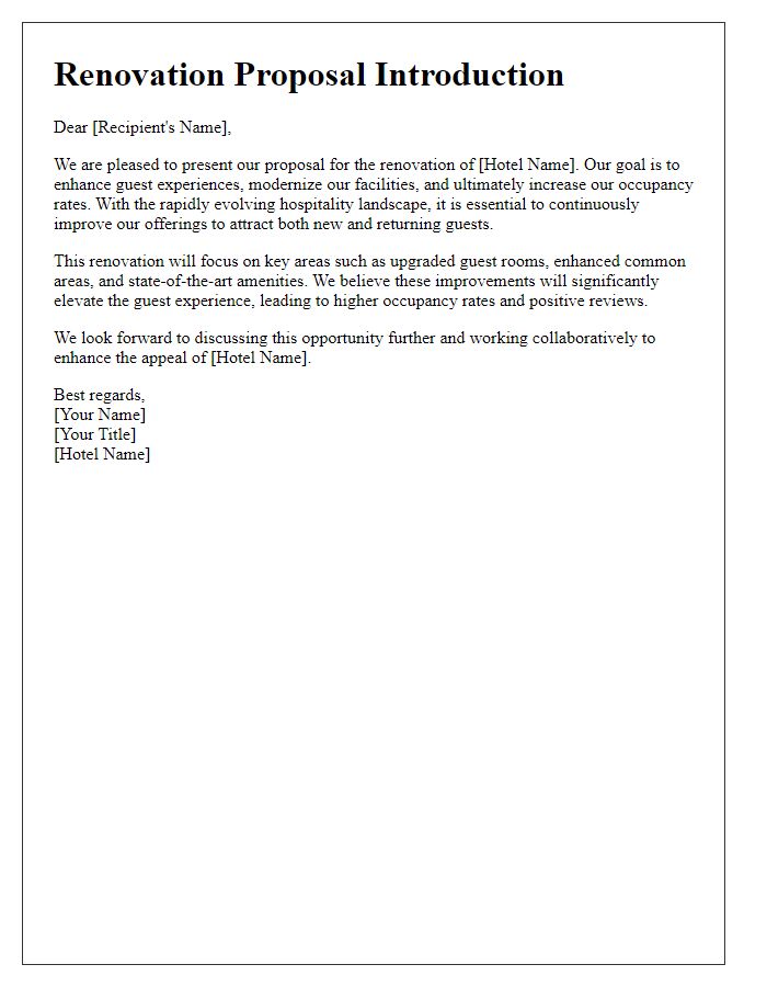 Letter template of hotel renovation proposal introduction targeting increased occupancy rates.