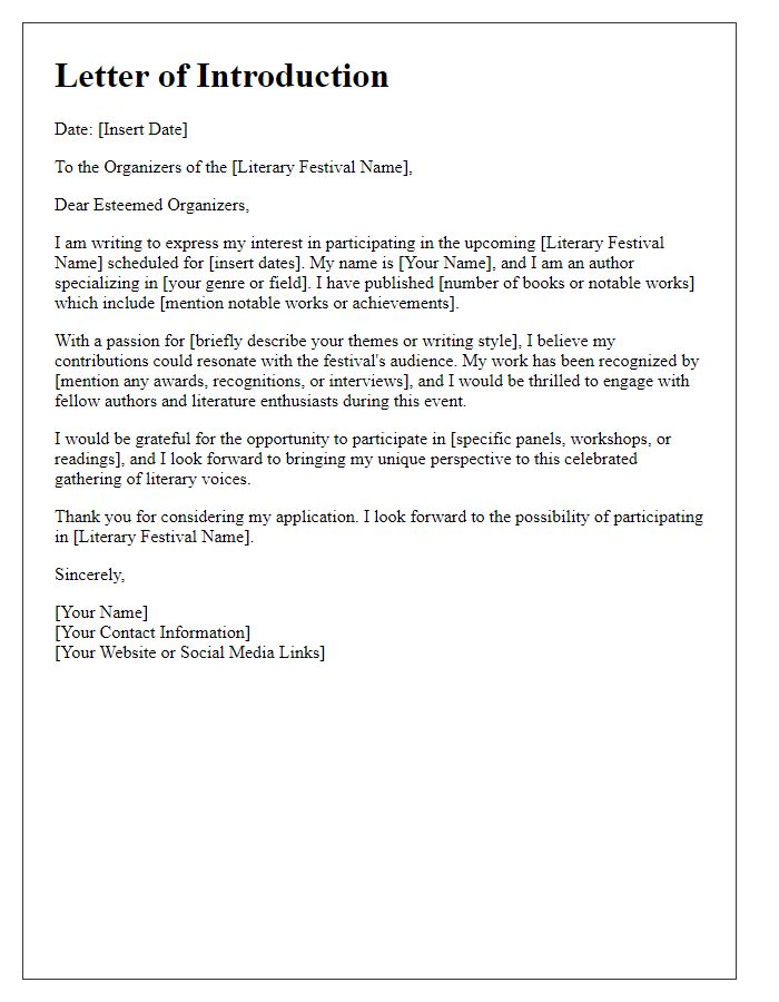 Letter template of author's introduction for literary festival participation.