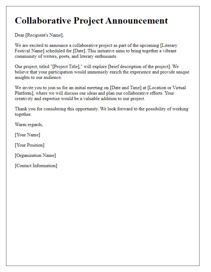 Letter template of collaborative project announcement for literary festival.