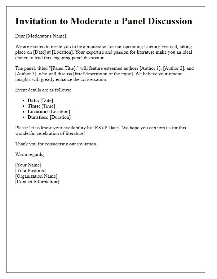 Letter template of panel discussion moderator invitation for literary festival.