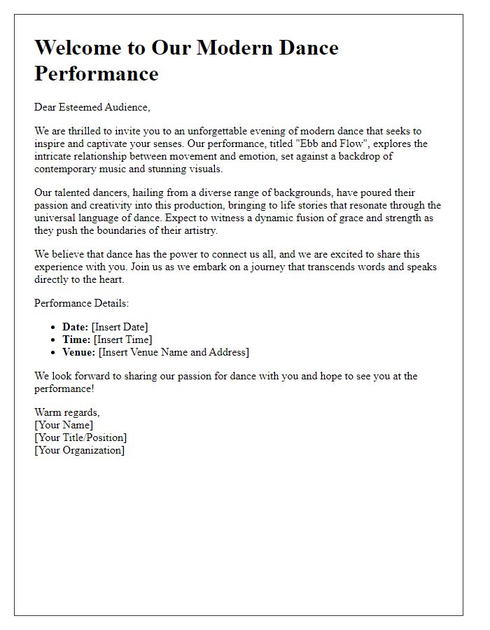 Letter template of modern dance performance introduction for audience outreach.