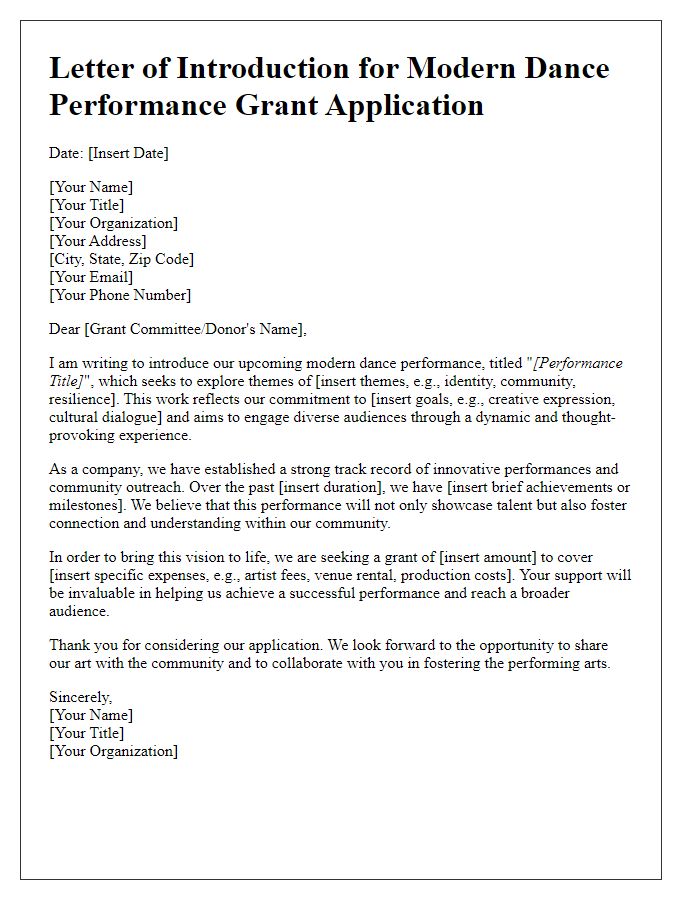 Letter template of modern dance performance introduction for grant applications.