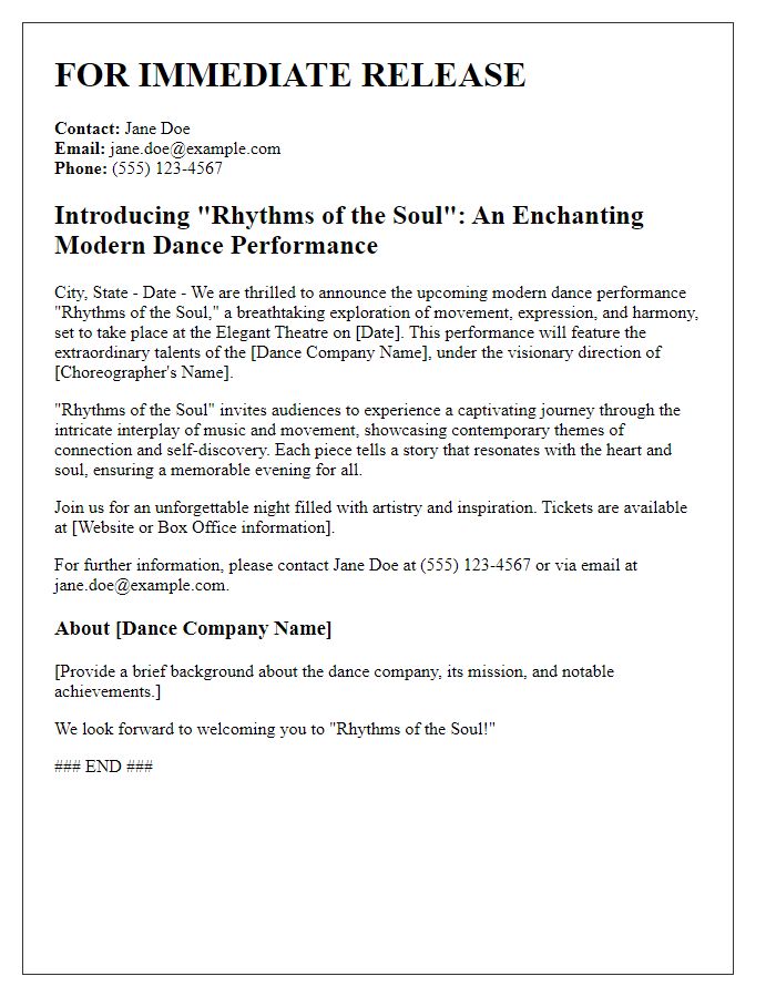 Letter template of modern dance performance introduction for press releases.