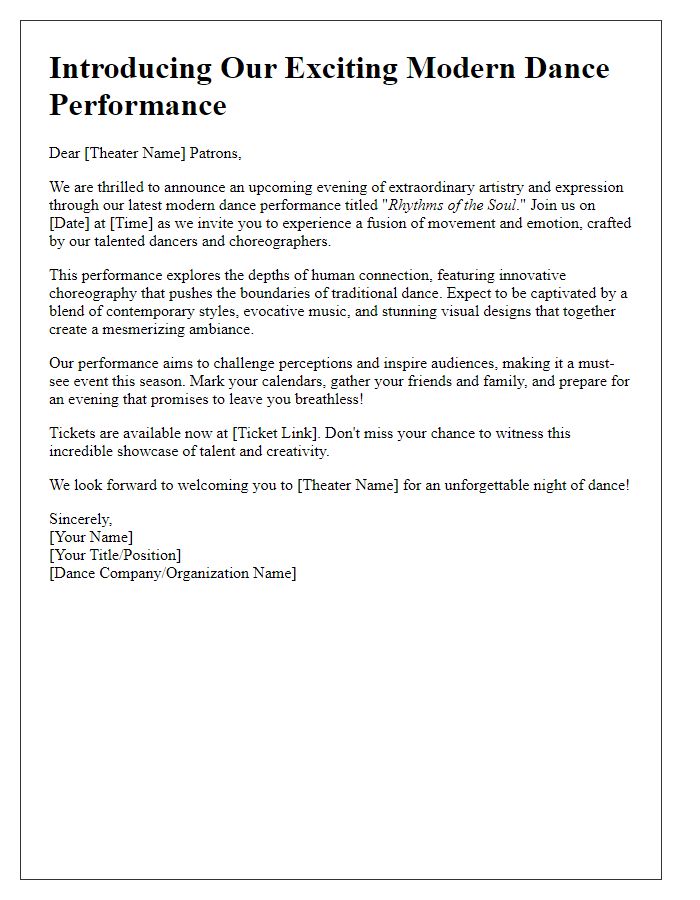 Letter template of modern dance performance introduction for theater promotions.