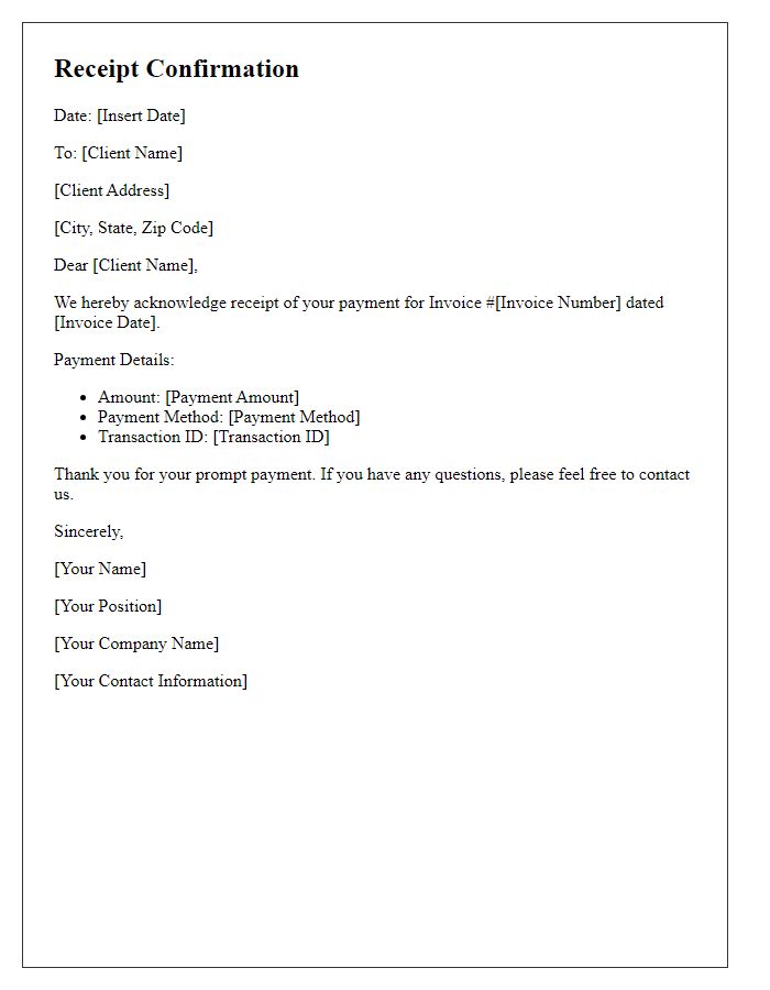 Letter template of receipt confirmation for invoice payment