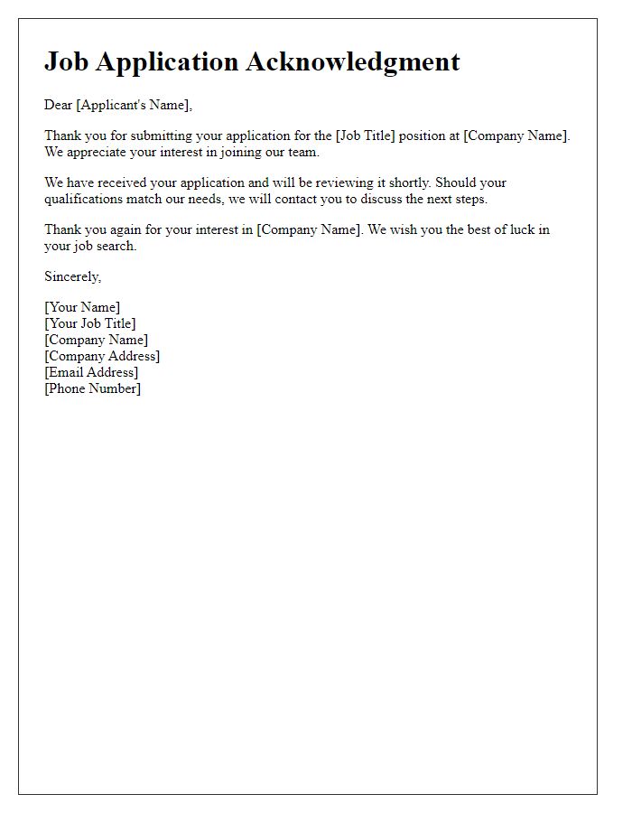 Letter template of acknowledgment for job application submission.