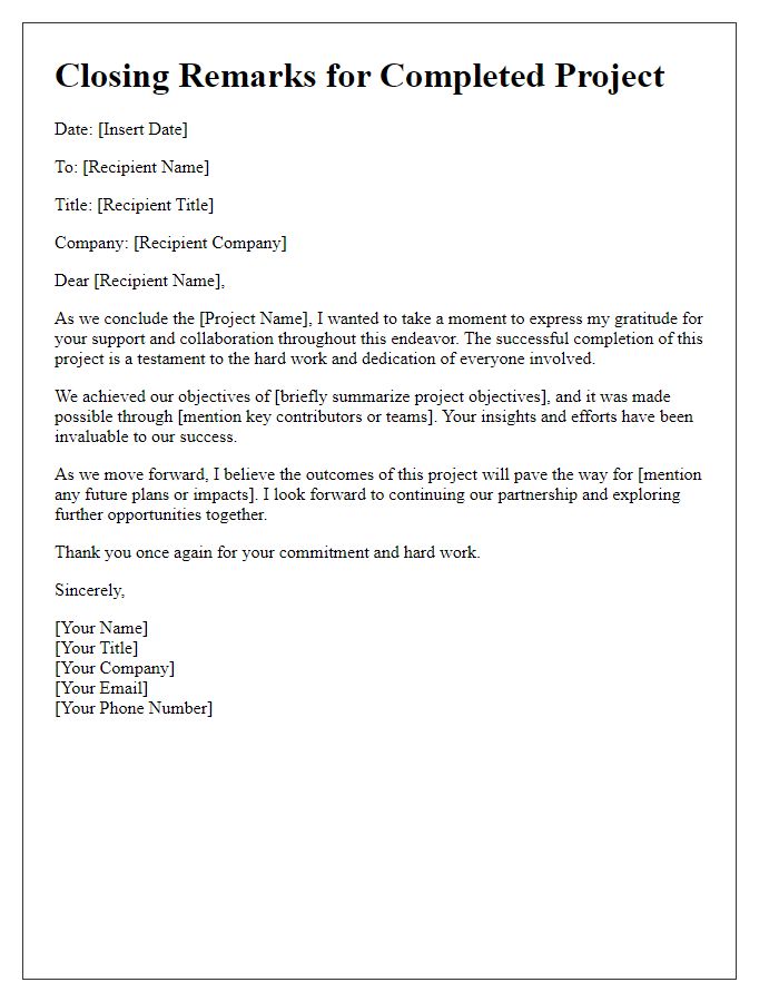 Letter template of Closing Remarks for Completed Project