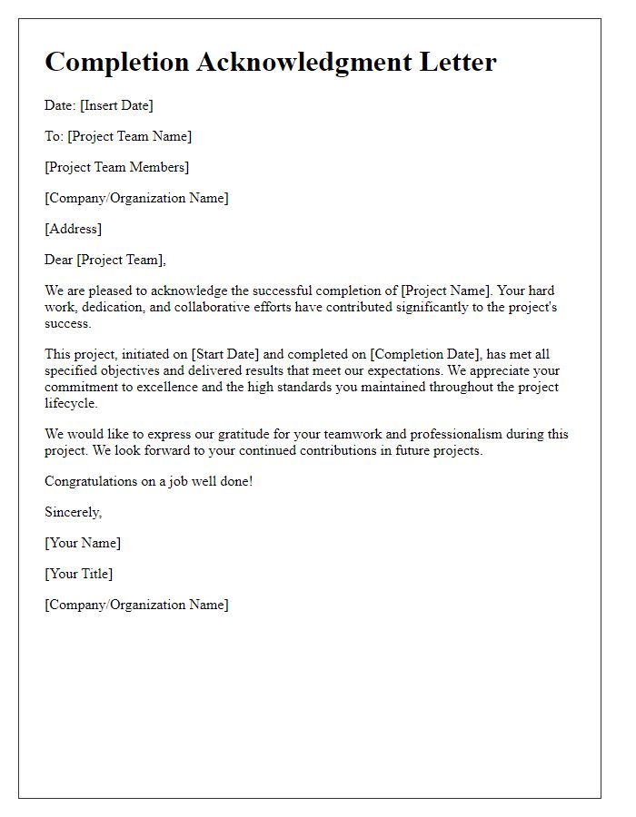 Letter template of Completion Acknowledgment for Project Teams