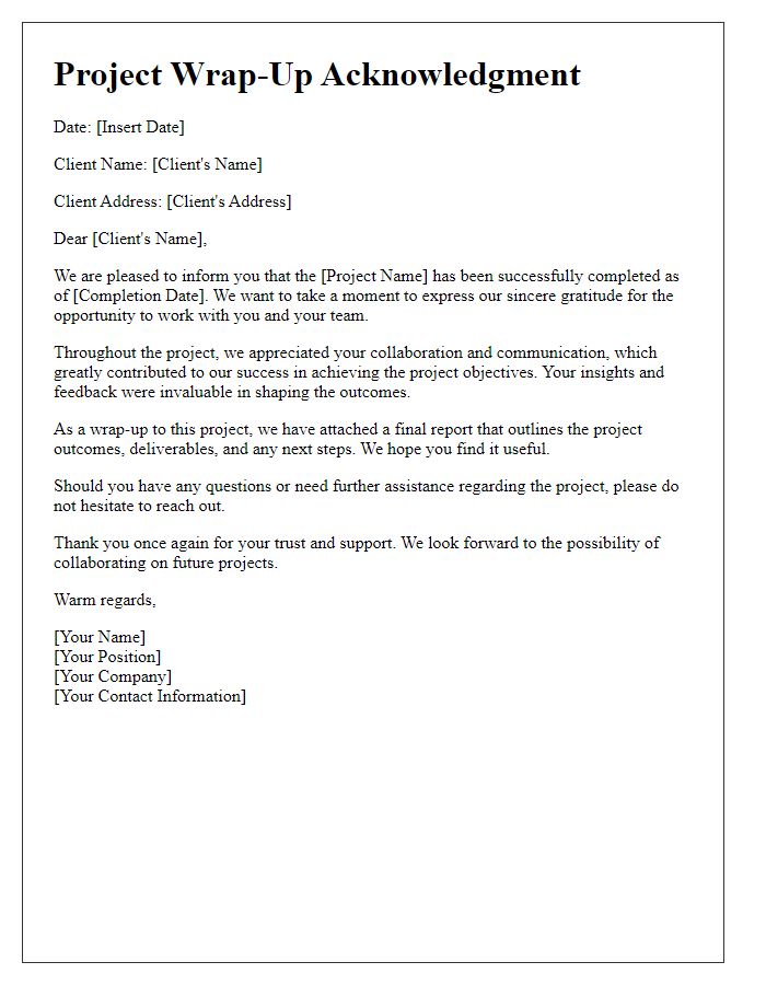 Letter template of Project Wrap-Up Acknowledgment for Clients