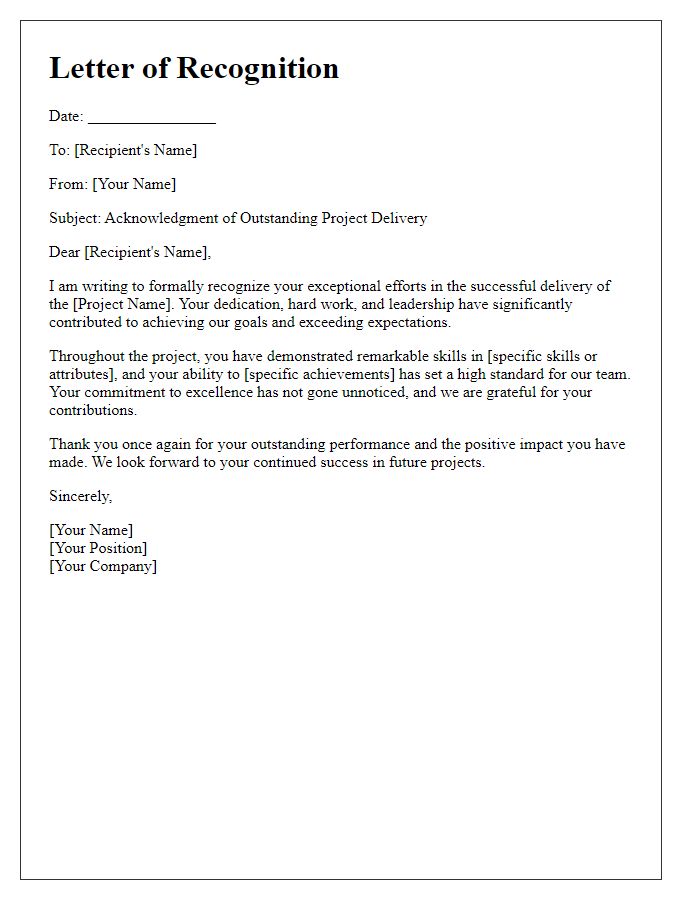 Letter template of Recognition for Successful Project Delivery