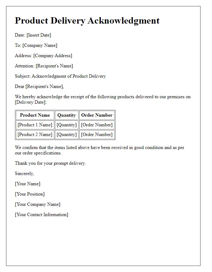 Letter template of product delivery acknowledgment for corporate purchases.