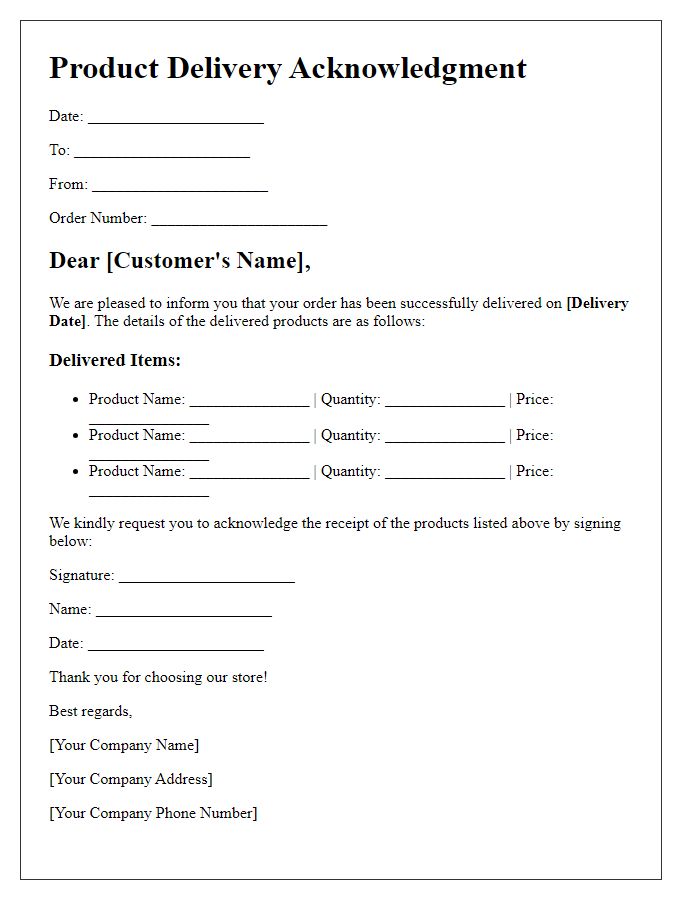 Letter template of product delivery acknowledgment for retail transactions.