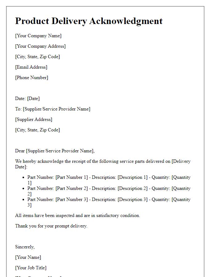 Letter template of product delivery acknowledgment for service parts.