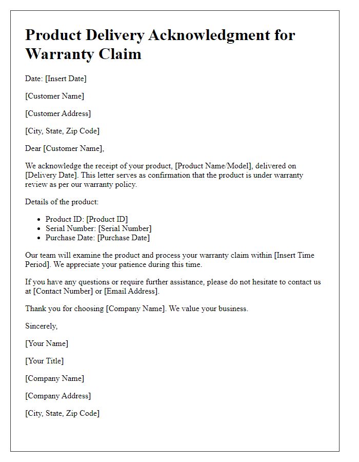 Letter template of product delivery acknowledgment for warranty claims.