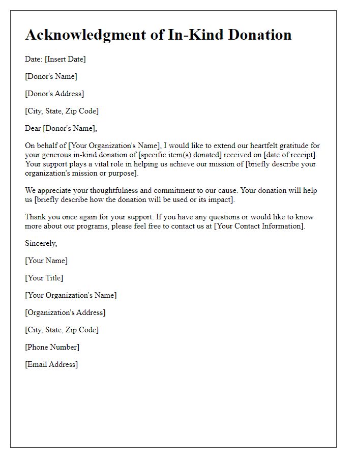 Letter template of acknowledgment for in-kind donation.