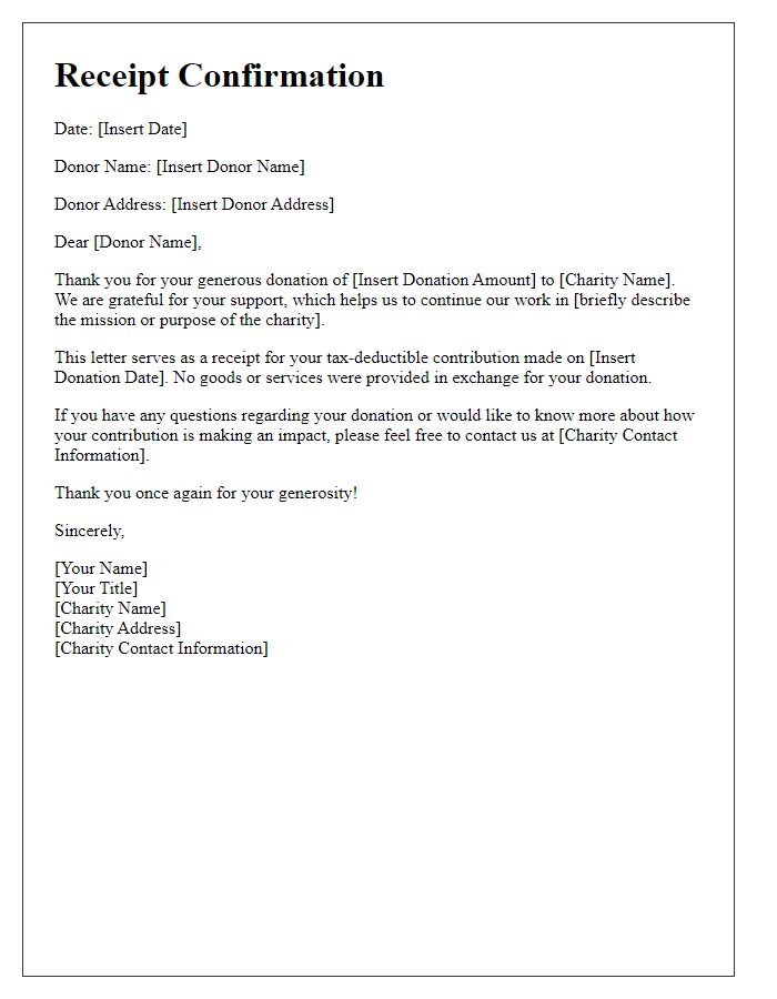 Letter template of receipt confirmation for charitable donation.