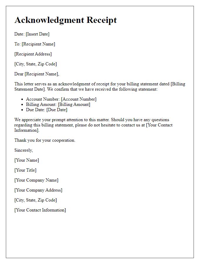 Letter template of Acknowledgment Receipt for Billing Statement