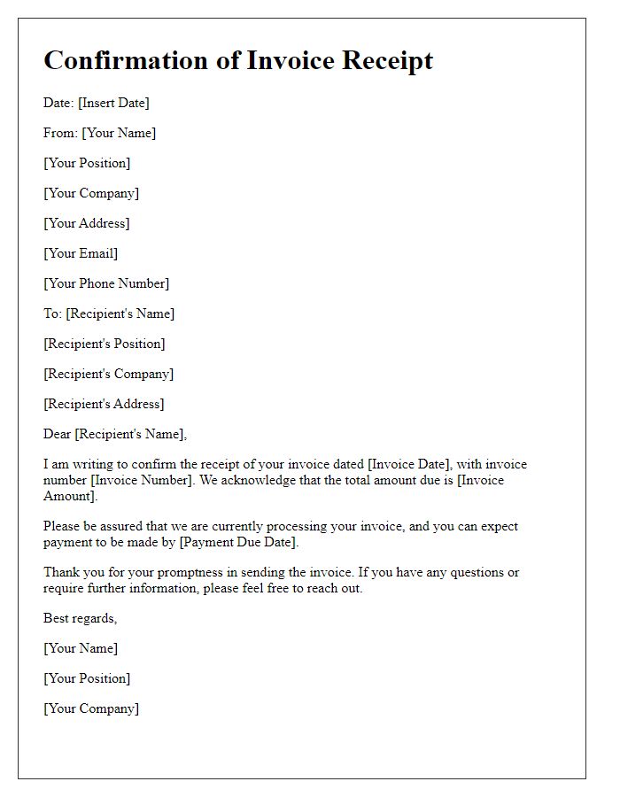 Letter template of Confirmation upon Receiving Invoice