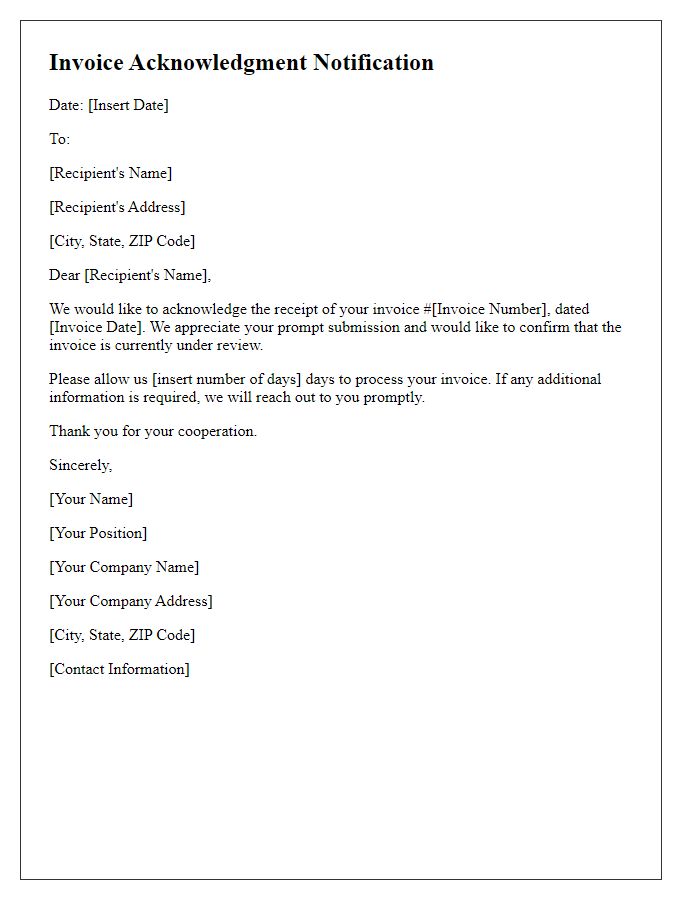 Letter template of Invoice Acknowledgment Notification