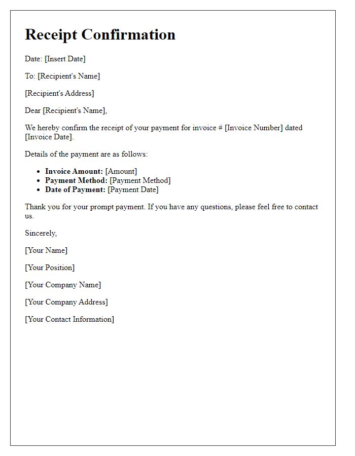 Letter template of Receipt Confirmation for Invoice