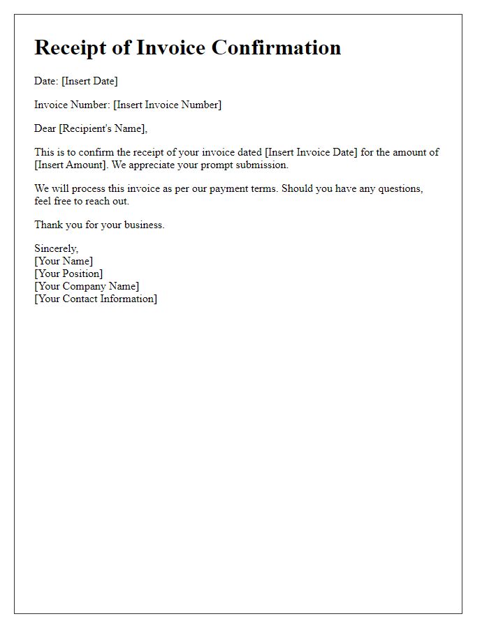 Letter template of Receipt of Invoice Confirmation