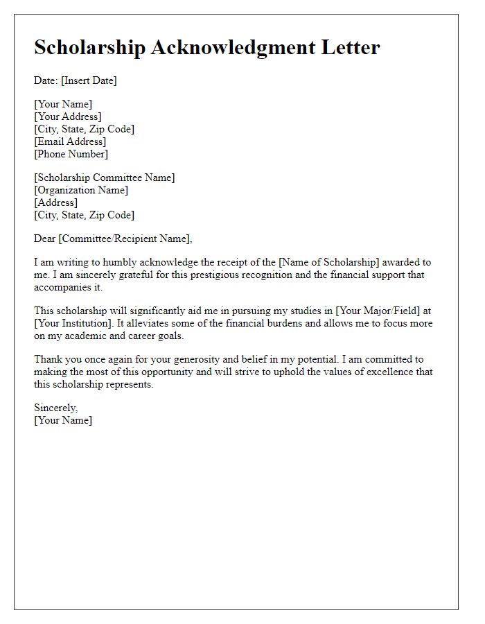 Letter template of acknowledgment for scholarship recognition.