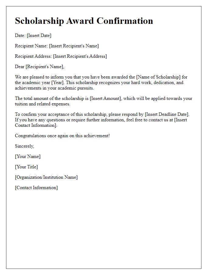 Letter template of confirmation for scholarship award.