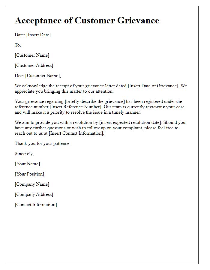 Letter template of Acceptance of Customer Grievance