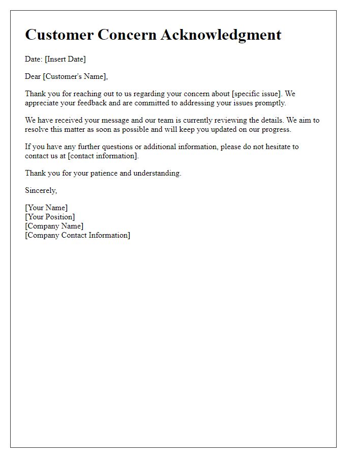 Letter template of Acknowledgment for Customer Concerns