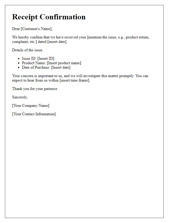 Letter template of Receipt Confirmation for Customer Issues