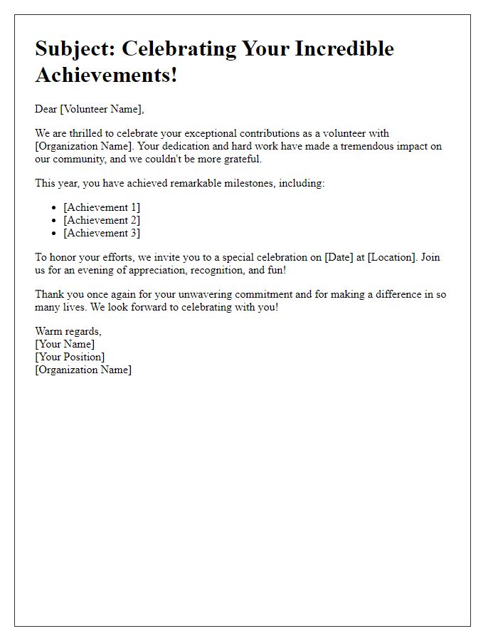 Letter template of celebration for volunteer achievements