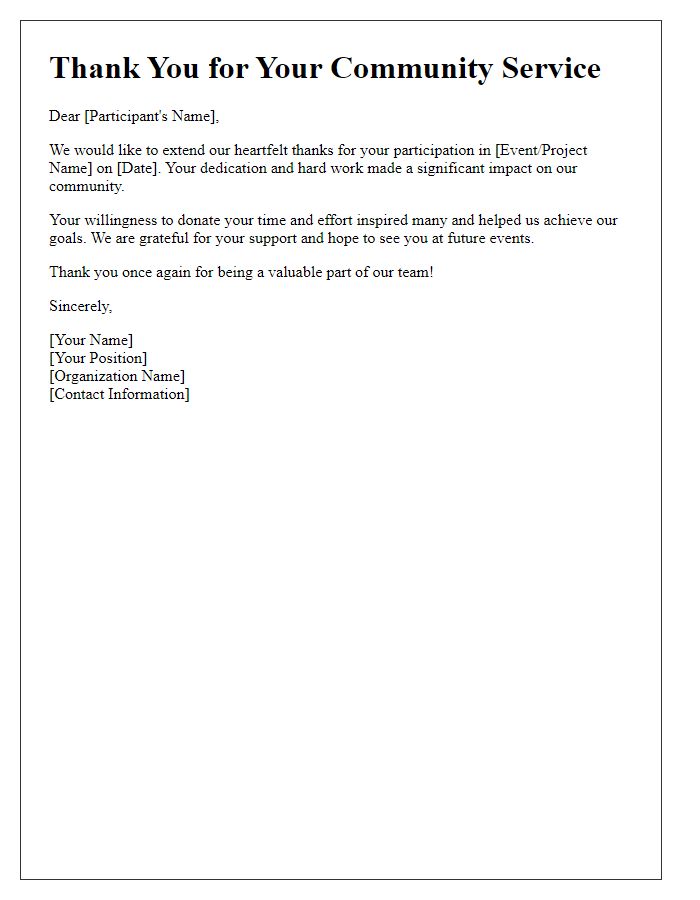 Letter template of thanks for community service participation