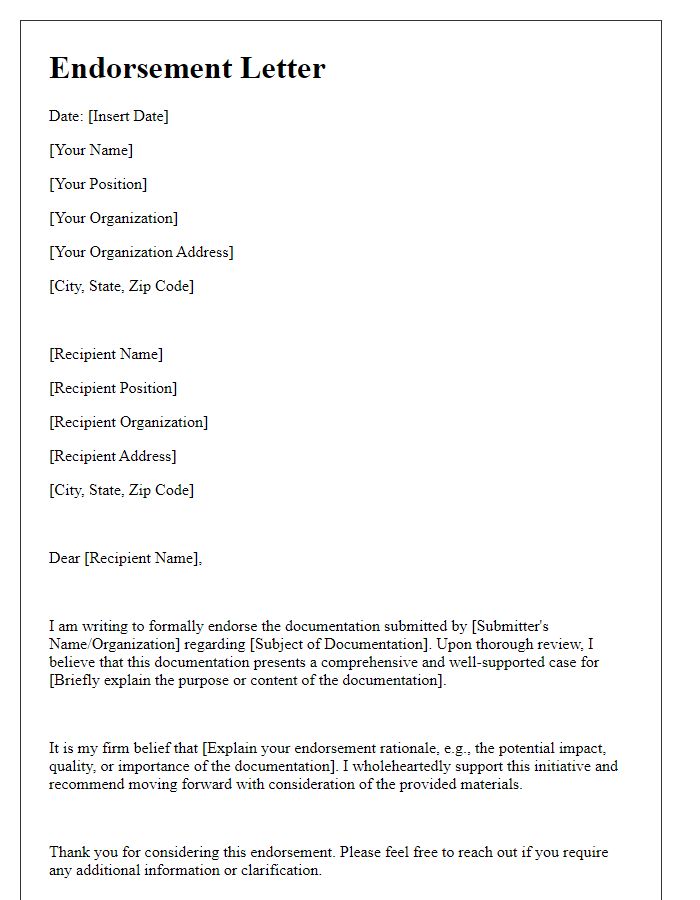 Letter template of endorsement for submitted documentation