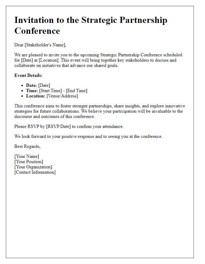 Letter template of strategic partnership conference invitation for stakeholders