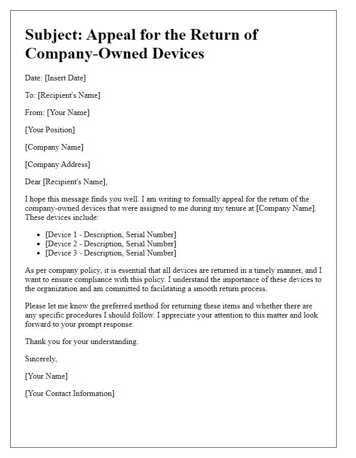 Letter template of appeal for the return of company-owned devices.