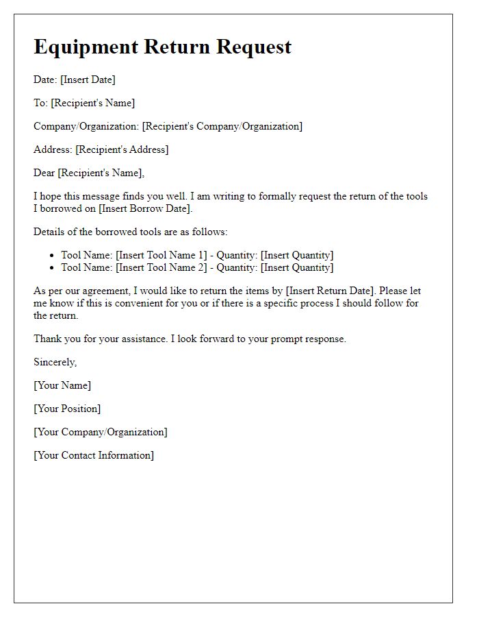 Letter template of equipment return request for borrowed tools.