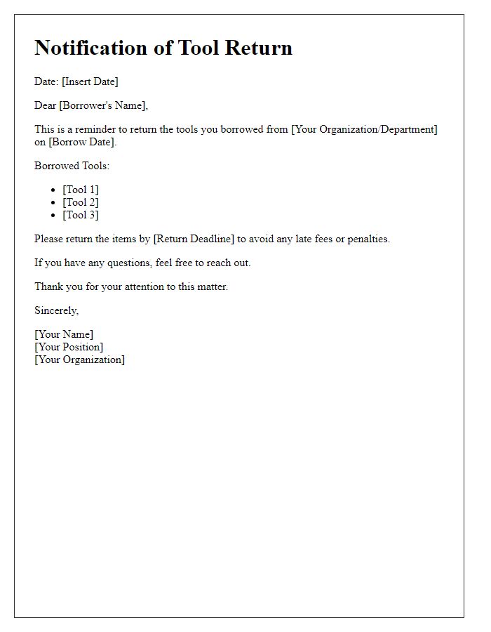 Letter template of notification for the return of borrowed tools.