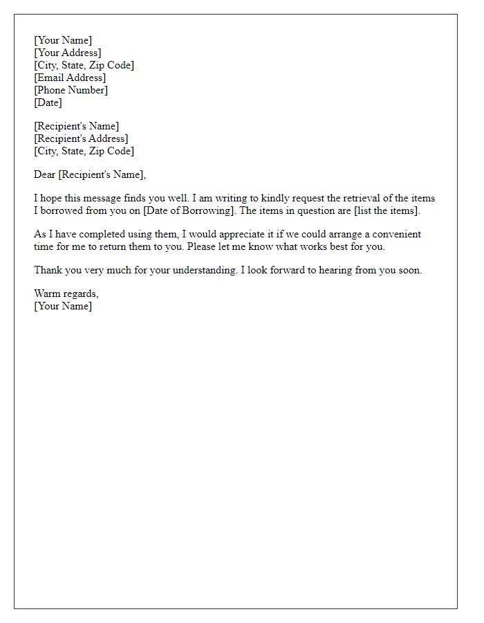 Letter template of polite request for the retrieval of borrowed items.