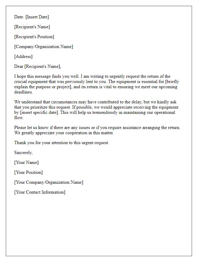 Letter template of urgent request for returning crucial equipment.