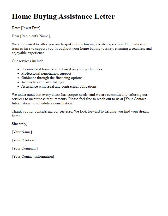 Letter template of bespoke home buying assistance