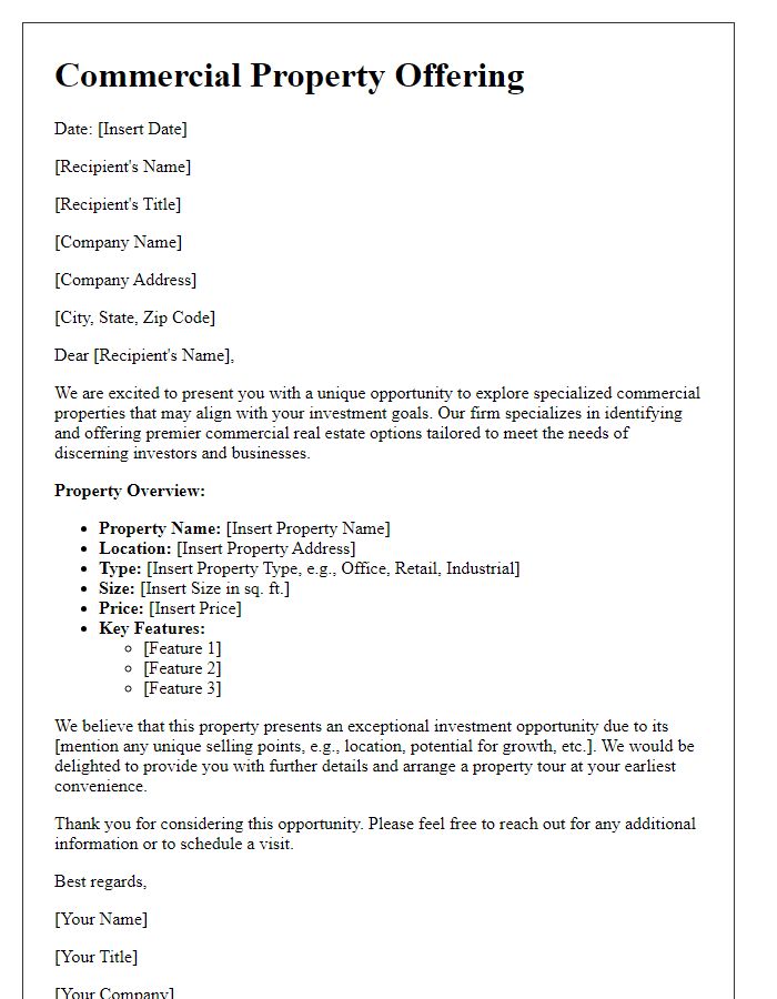 Letter template of specialized commercial property offerings