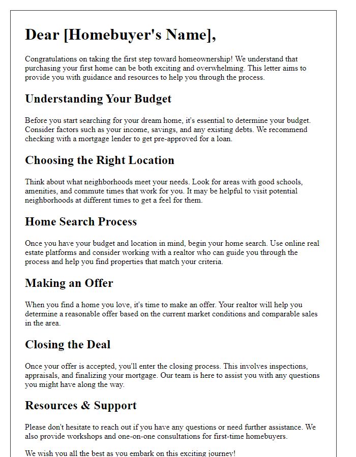 Letter template of targeted first-time homebuyer guidance