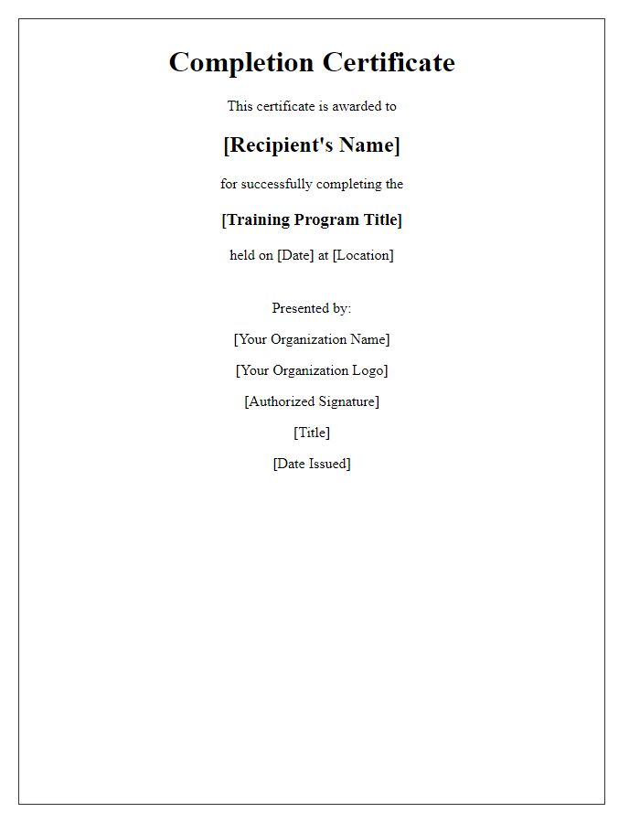 Letter template of Completion Certificate for Training